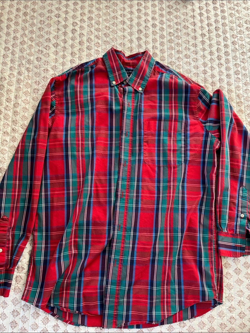 Saddlebred Red Plaid Button-Down Shirt with Green and Blue Stripes